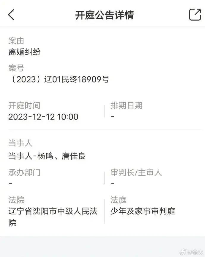 婚变实锤？前辽宁男篮主教练杨鸣离婚案12月12日开庭